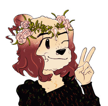 Linnea's icon, an antropomorphic dog in a flower crown doing a victory sign.