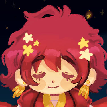 Linnea's icon, an antropomorphic dog in a flower crown doing a victory sign.